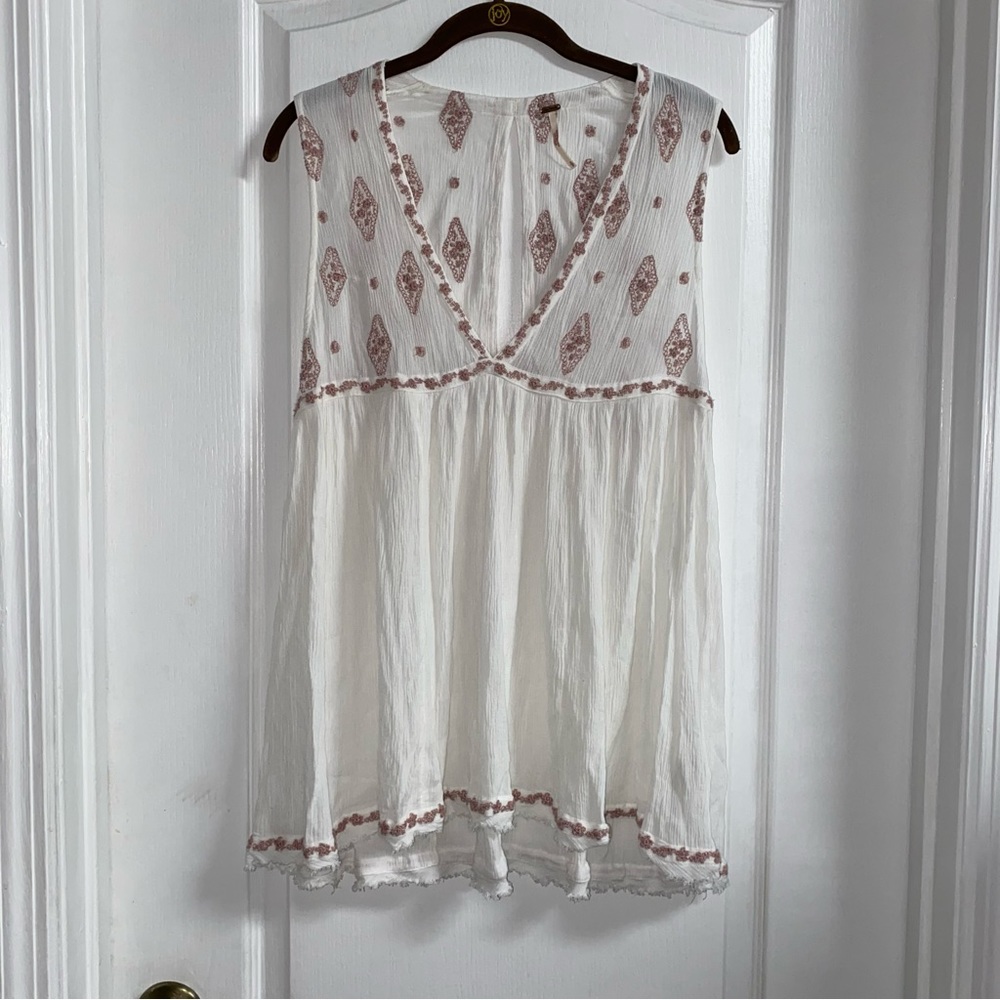 Free People Ivory Gauze Embroidered Sleeveless Tunic with Dusty Rose Accents